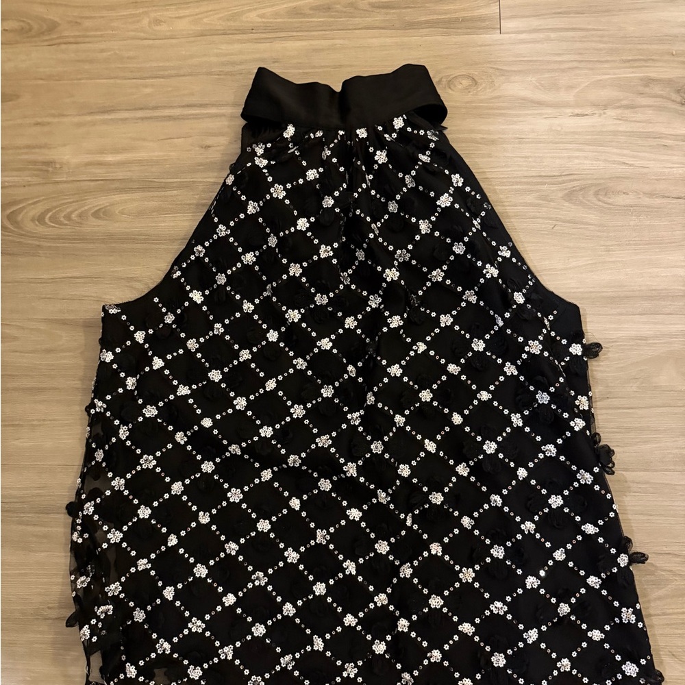 Abbey Glass sequined Black and White Halter Top with pretty bow at neck